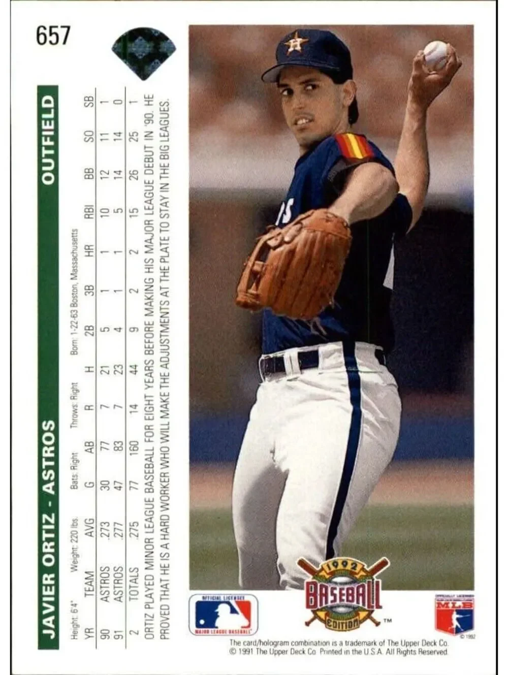 Javier Ortiz 1992 Upper Deck MLB #657 Baseball Card Houston Astros